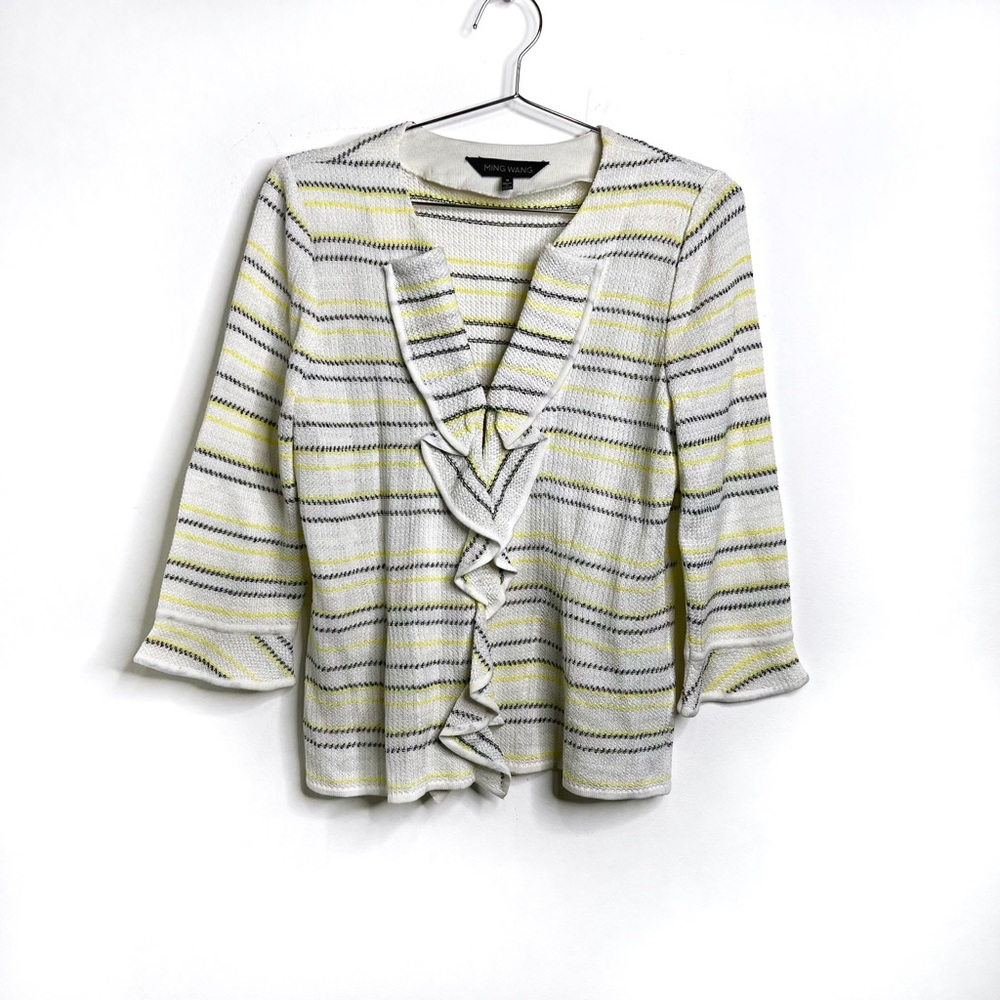 Ming Wang Striped Ruffle Front Cardigan Size Small